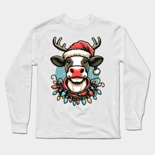 Cow With Santa Hat & Reindeer Antlers Funny Christmas Design Long Sleeve T-Shirt